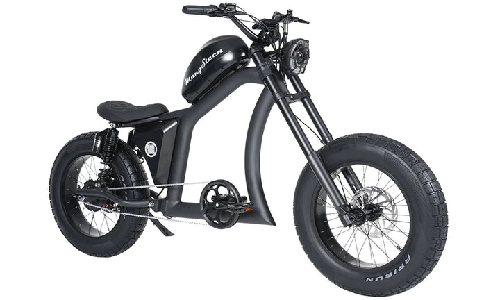 chopper style electric bicycle Micargi CYCLONE 2.0 DELUXE 500W 48V Stretch Cruiser Fat Tire Bike including a leather spring saddle and high Custom eBikes, Sidecar eBikes, Chopper